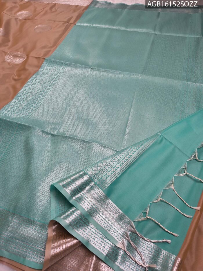 Elegant Beige Soft Silk Saree with Rich Zari Border and Teal Pallu - Image 3