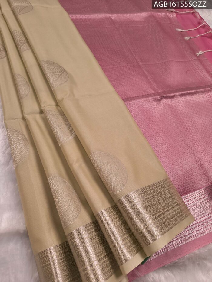 AGB16155_MAIN #SOZZ Elegant Beige and Pink Soft Silk Saree with Rich Zari Border - Image 1