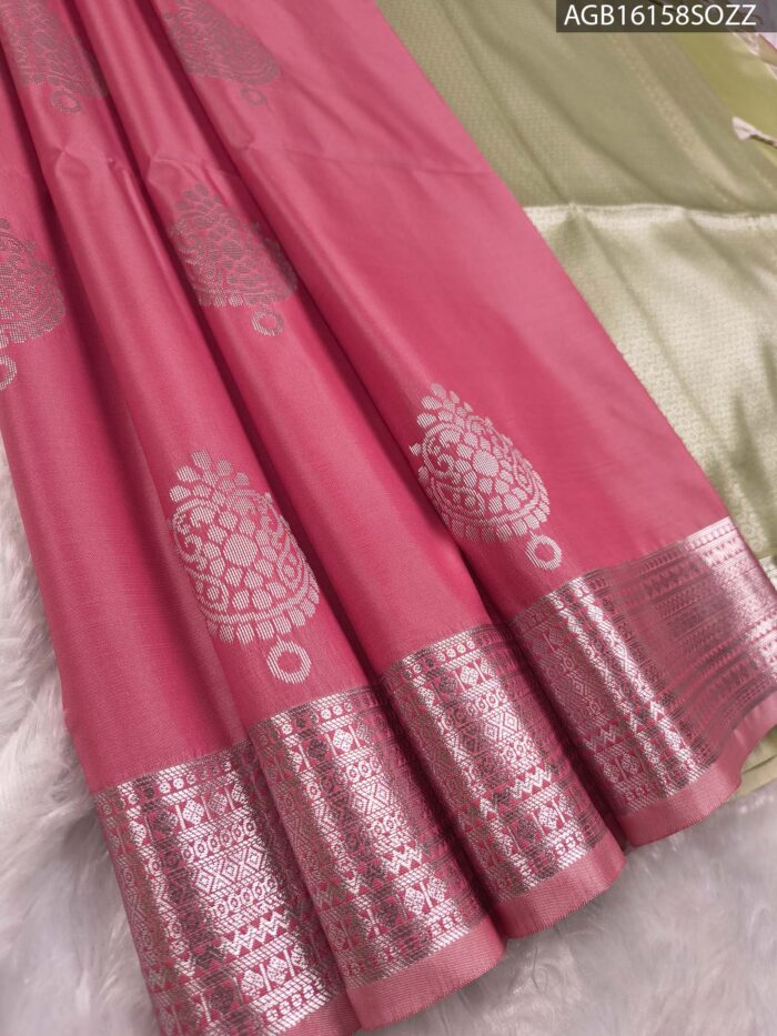 AGB16158_MAIN #SOZZ Elegant Pink Soft Silk Saree with Silver Zari Border - Image 1