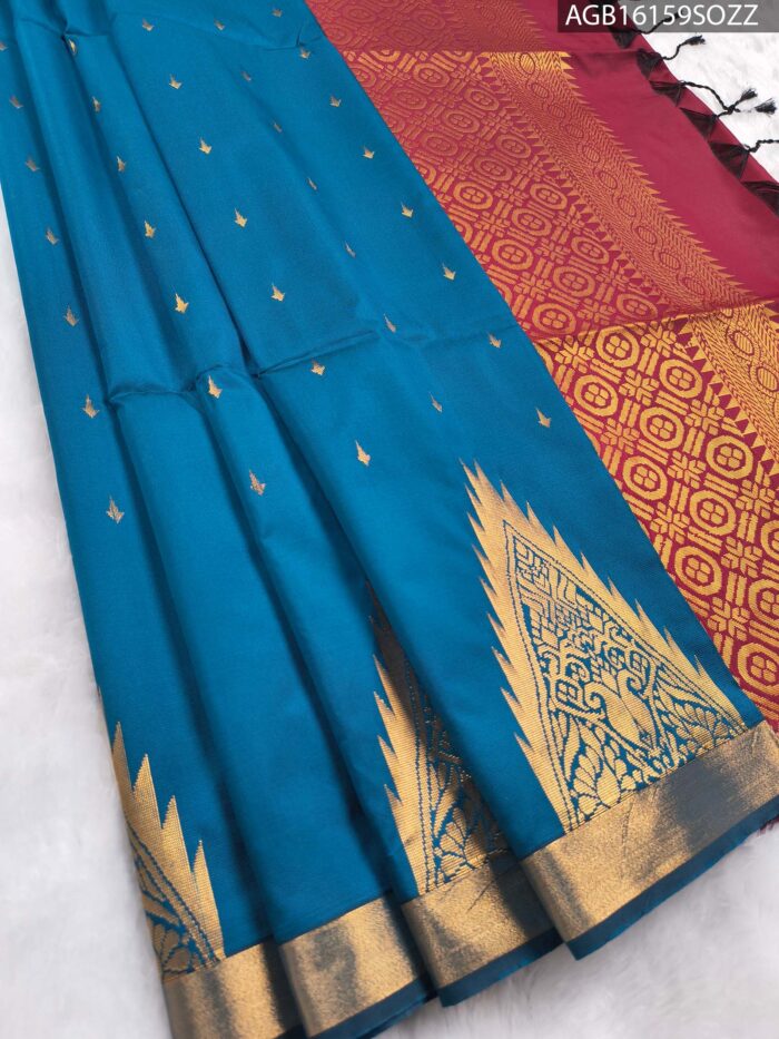 AGB16159_MAIN #SOZZ Elegant Teal Blue Soft Silk Saree with Rich Maroon Pallu and Zari Border - Image 1