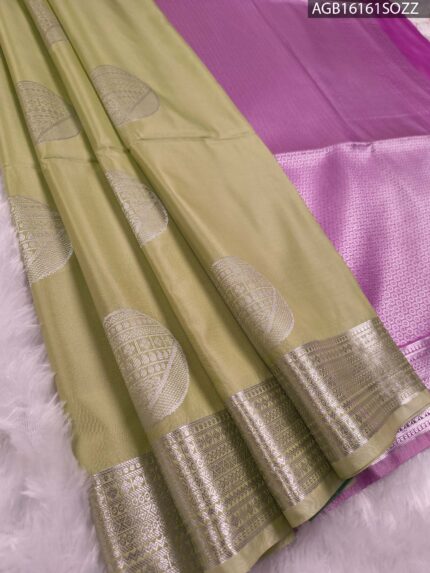 Elegant Green Soft Silk Saree with Rich Silver Border and Contrasting Pink Pallu