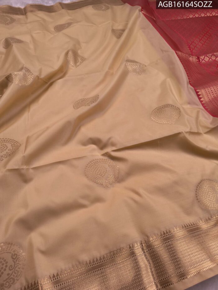 Elegant Cream and Red Soft Silk Saree with Rich Zari Border - Image 2