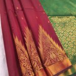 Maroon Soft Silk Saree with Golden Zari Border and Green Pallu