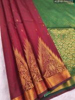 Maroon Soft Silk Saree with Golden Zari Border and Green Pallu