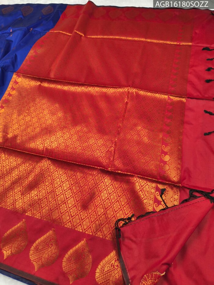 Royal Blue Soft Silk Saree with Rich Red Pallu - Image 3