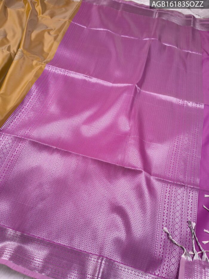 Regal Mustard Soft Silk Saree with Intricate Silver Zari Border and Lavender Pallu - Image 3