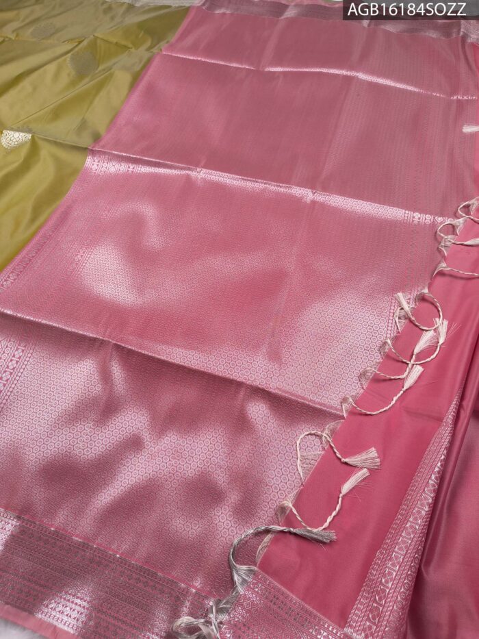 Elegant Olive Green Soft Silk Saree with Rich Zari Border and Pink Pallu - Image 3