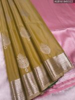 Elegant Olive Green Soft Silk Saree with Rich Zari Border and Pink Pallu
