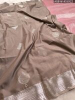 Elegant Taupe Soft Silk Saree with Silver Zari Border and Pink Pallu - Image 2