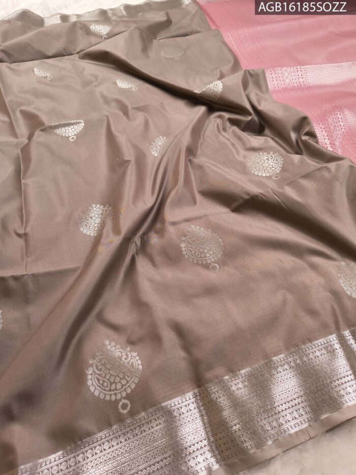 Elegant Taupe Soft Silk Saree with Silver Zari Border and Pink Pallu - Image 2