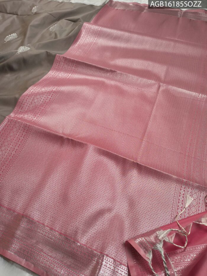 Elegant Taupe Soft Silk Saree with Silver Zari Border and Pink Pallu - Image 3