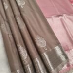 Elegant Taupe Soft Silk Saree with Silver Zari Border and Pink Pallu