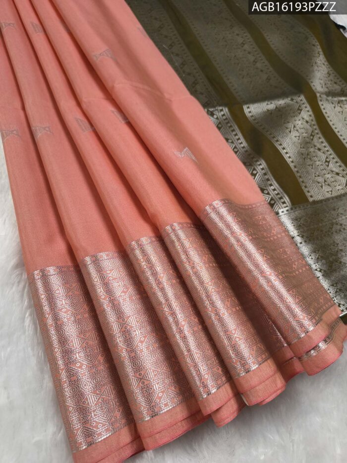 AGB16193_MAIN #PZZZ Peach Soft Silk Saree with Silver Zari Border and Rich Pallu - Image 1