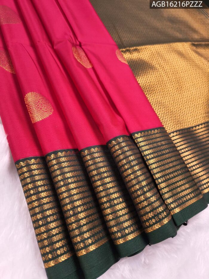 Majestic Pink Soft Silk Saree with Golden Zari Border - Image 1
