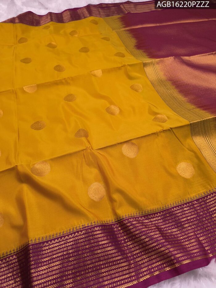 Majestic Mustard Soft Silk Saree with Rich Purple Zari Border - Image 2