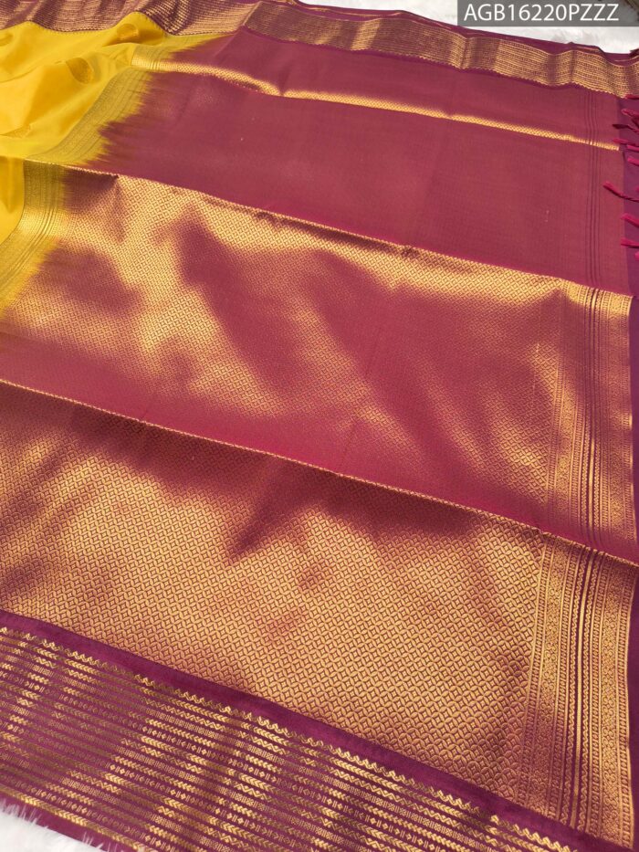 Majestic Mustard Soft Silk Saree with Rich Purple Zari Border - Image 3