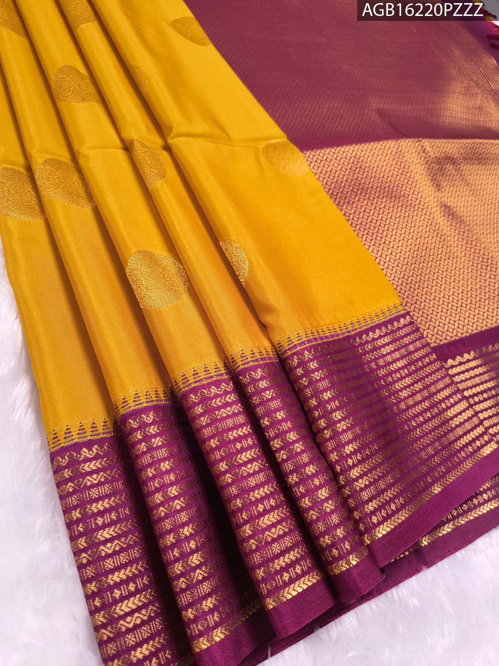 AGB16220_MAIN #PZZZ Majestic Mustard Soft Silk Saree with Rich Purple Zari Border - Image 1