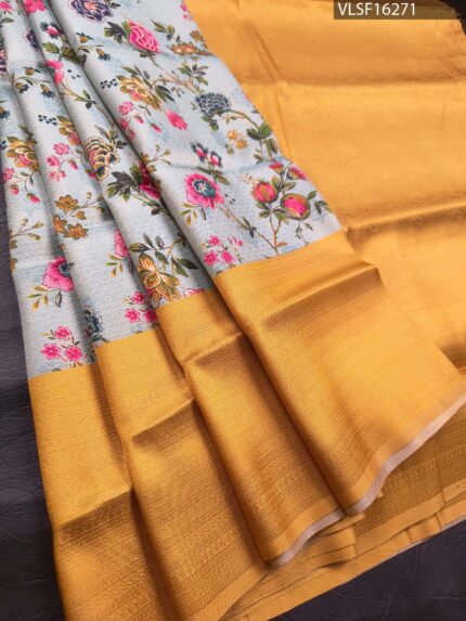 Pastel Blue Coloured Fancy Silk Saree with Floral Motifs and Contrast Border