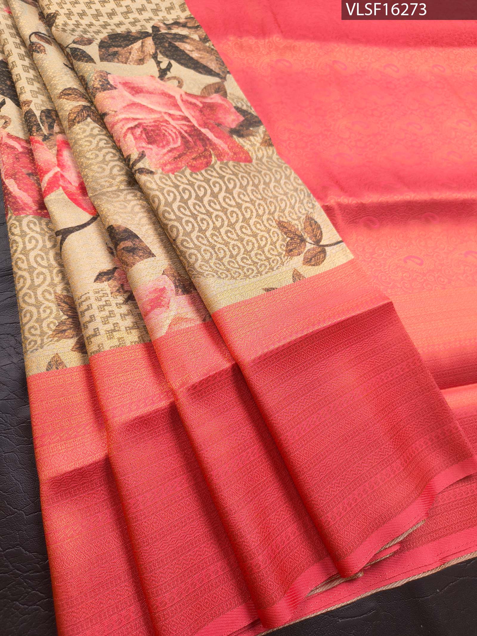 F16273_MAIN Peach Coloured Fancy Silk Saree with Floral Motifs and Elegant Border - Image 1