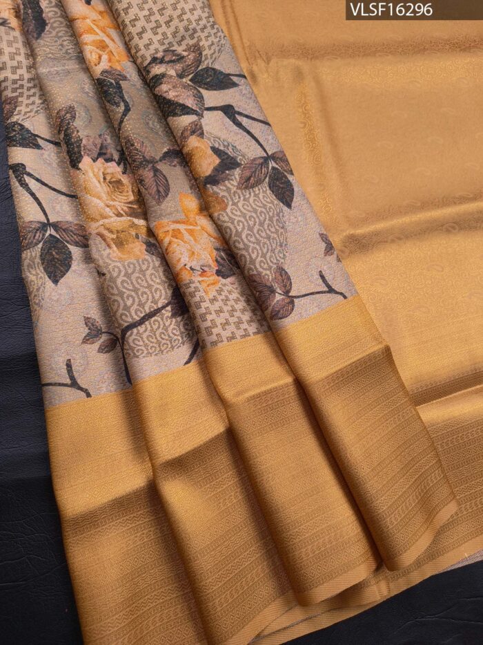Golden Coloured Fancy Silk Saree with Floral Motifs and Elegant Border - Image 1