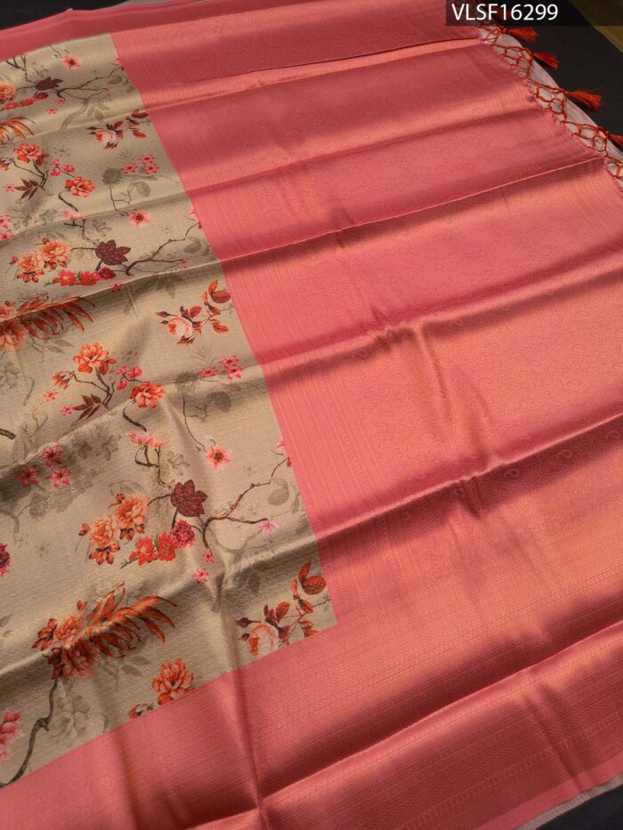 Beige Coloured Fancy Silk Saree with Floral Motifs and Elegant Pallu - Image 3