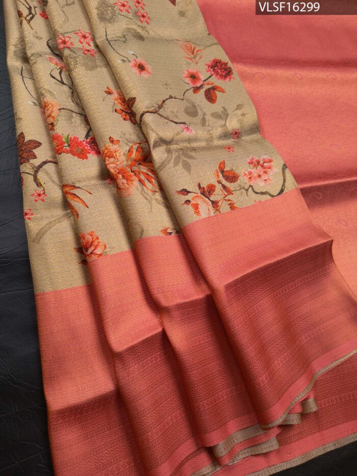 Beige Coloured Fancy Silk Saree with Floral Motifs and Elegant Pallu - Image 1