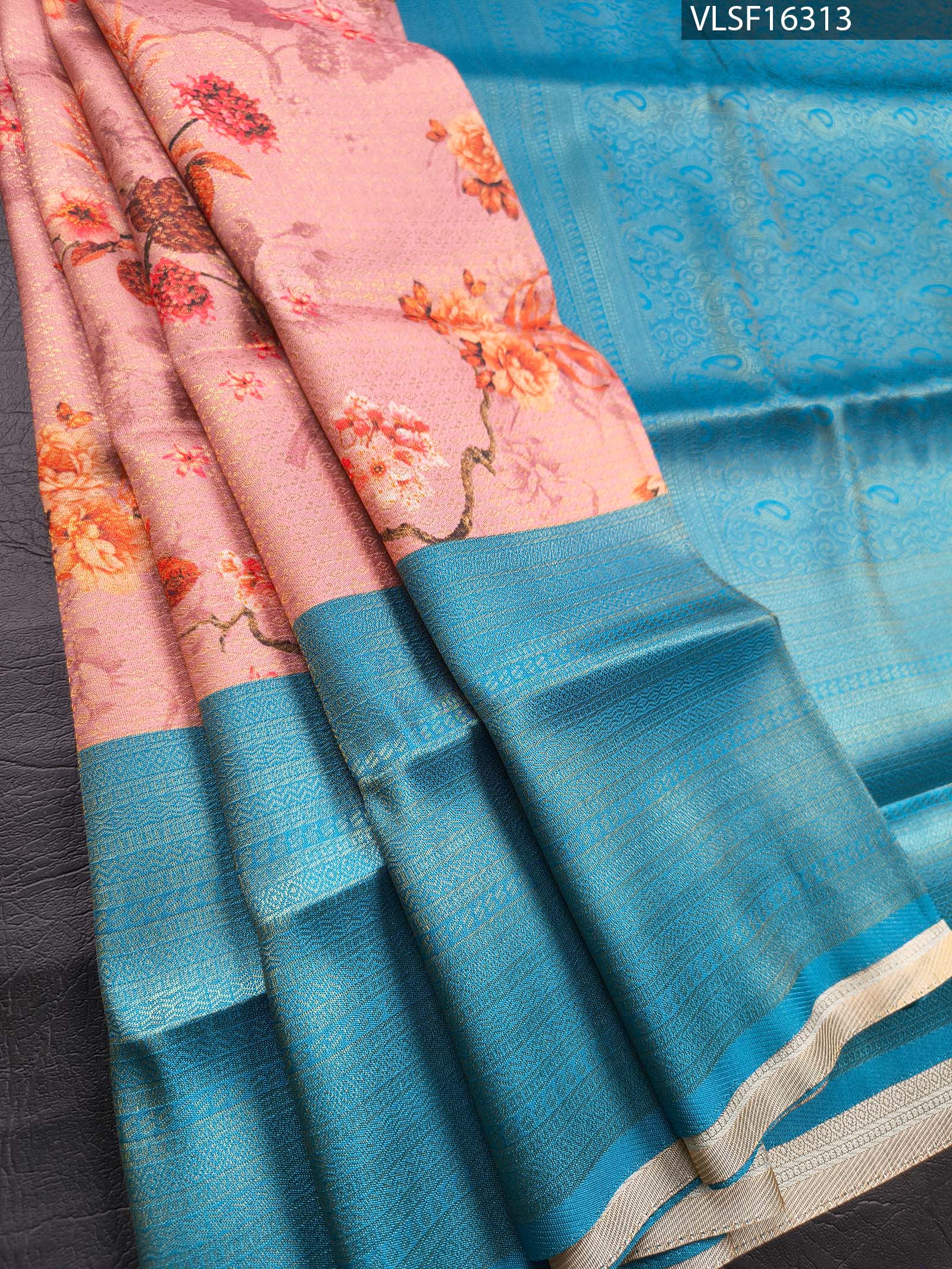 F16313_MAIN Pink and Blue Fancy Silk Saree with Floral Motifs and Elegant Zari Woven Border - Image 1