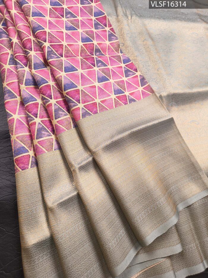 Beige and Pink Fancy Silk Saree with Geometric Patterns and Rich Pallu - Image 1