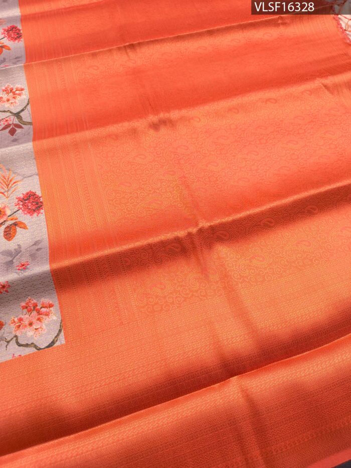 Grey and Orange Fancy Silk Saree with Floral Motifs and Elegant Border - Image 3