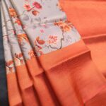 Grey and Orange Fancy Silk Saree with Floral Motifs and Elegant Border