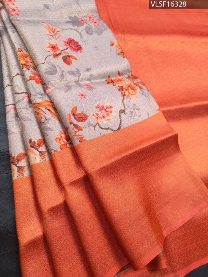 Grey and Orange Fancy Silk Saree with Floral Motifs and Elegant Border - Image 1