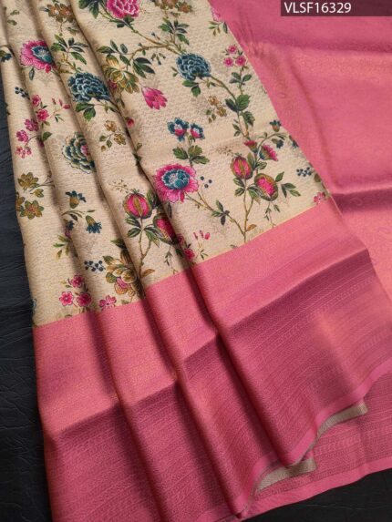 Beige Coloured Fancy Silk Saree with Floral Motifs and Pink Zari Woven Border