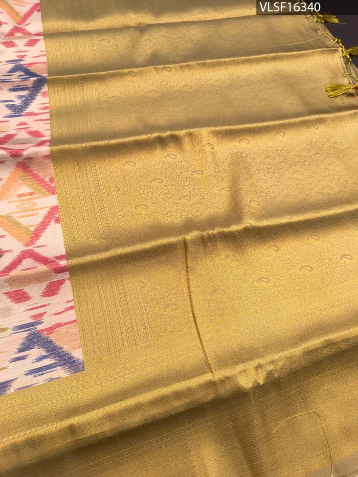 Multicoloured Fancy Silk Saree with Geometric Motifs and Rich Zari Border - Image 3