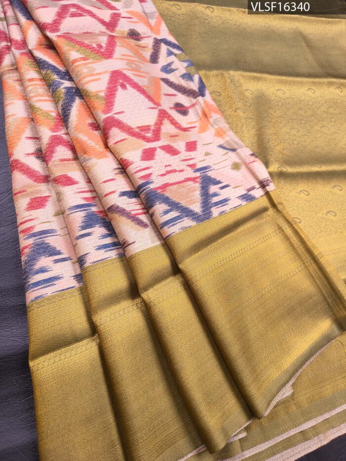 Multicoloured Fancy Silk Saree with Geometric Motifs and Rich Zari Border - Image 1