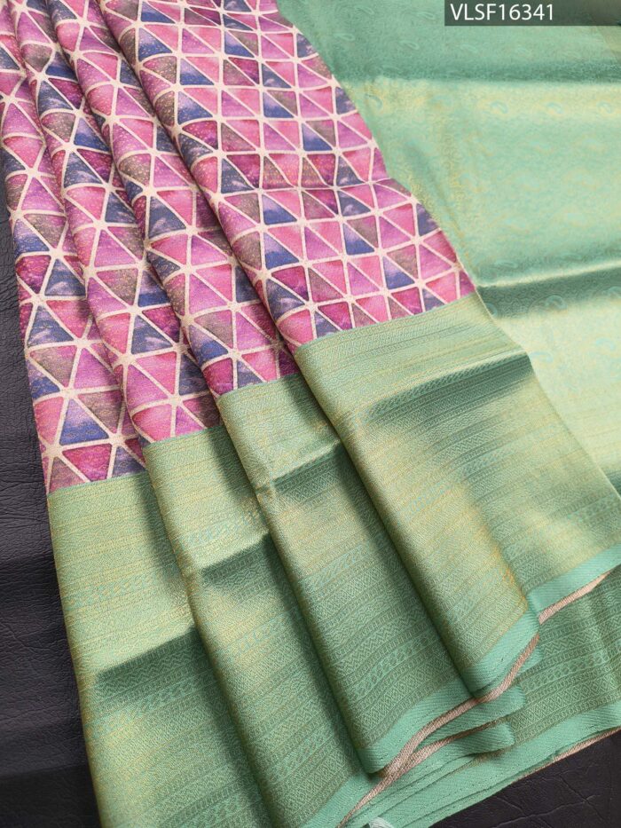 Green Coloured Fancy Silk Saree with Geometric Pattern and Zari Woven Border - Image 1