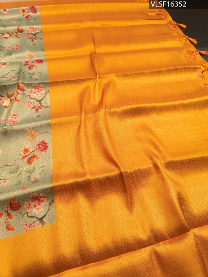 Pastel Green Coloured Fancy Silk Saree with Floral Motifs and Rich Pallu - Image 3