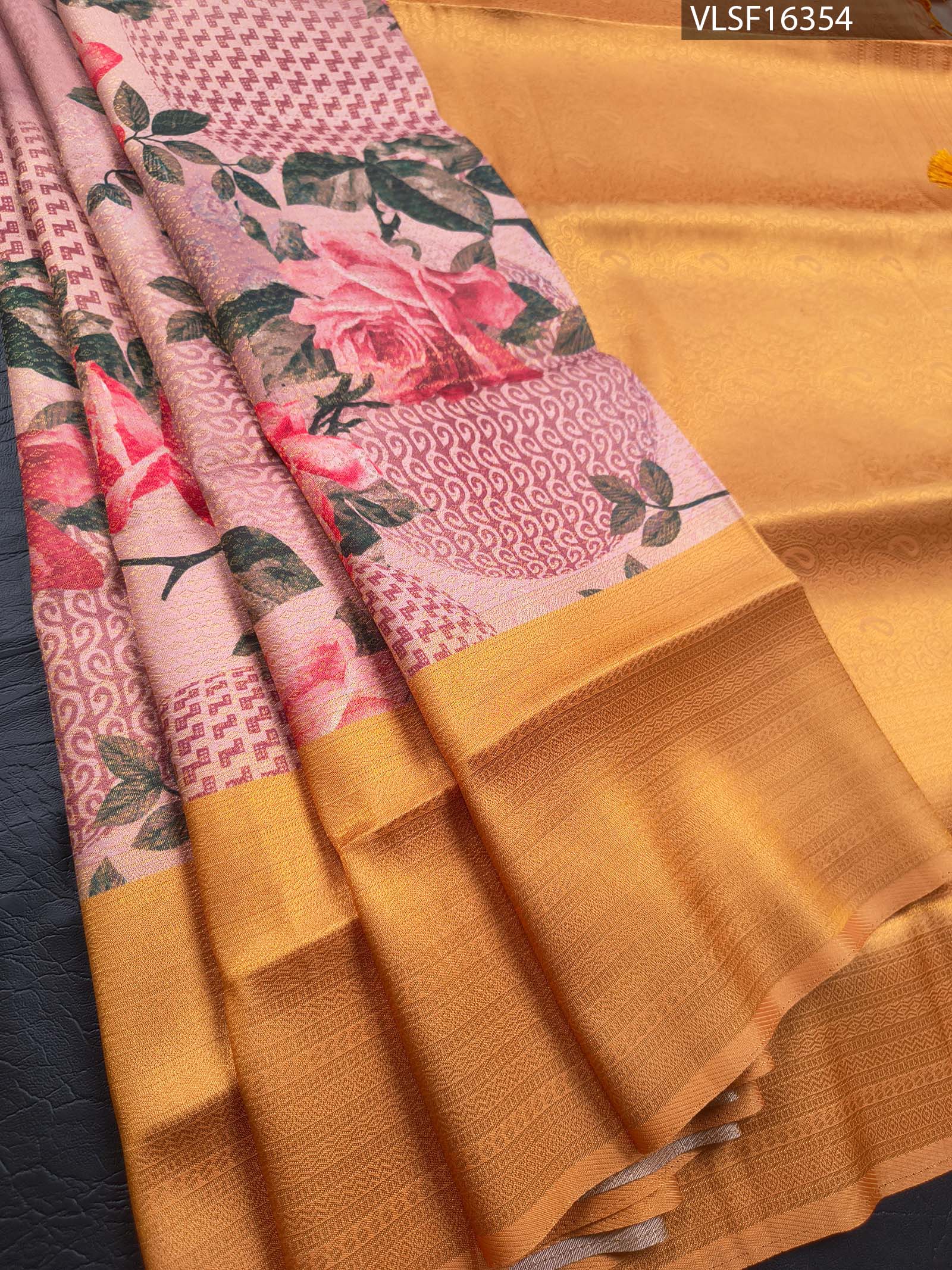 F16354_MAIN Peach Coloured Fancy Silk Saree with Floral Motifs and Lustrous Gold Border - Image 1