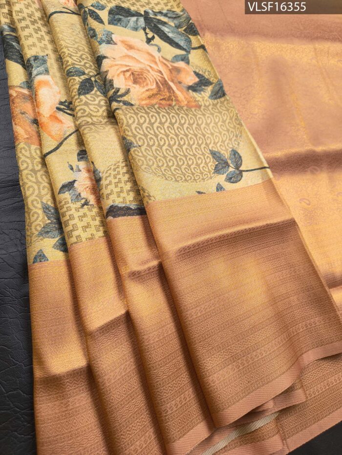 Peach Coloured Fancy Silk Saree with Floral Motifs and Elegant Border - Image 1