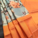 Orange Coloured Fancy Silk Saree with Floral Motifs and Simple Border