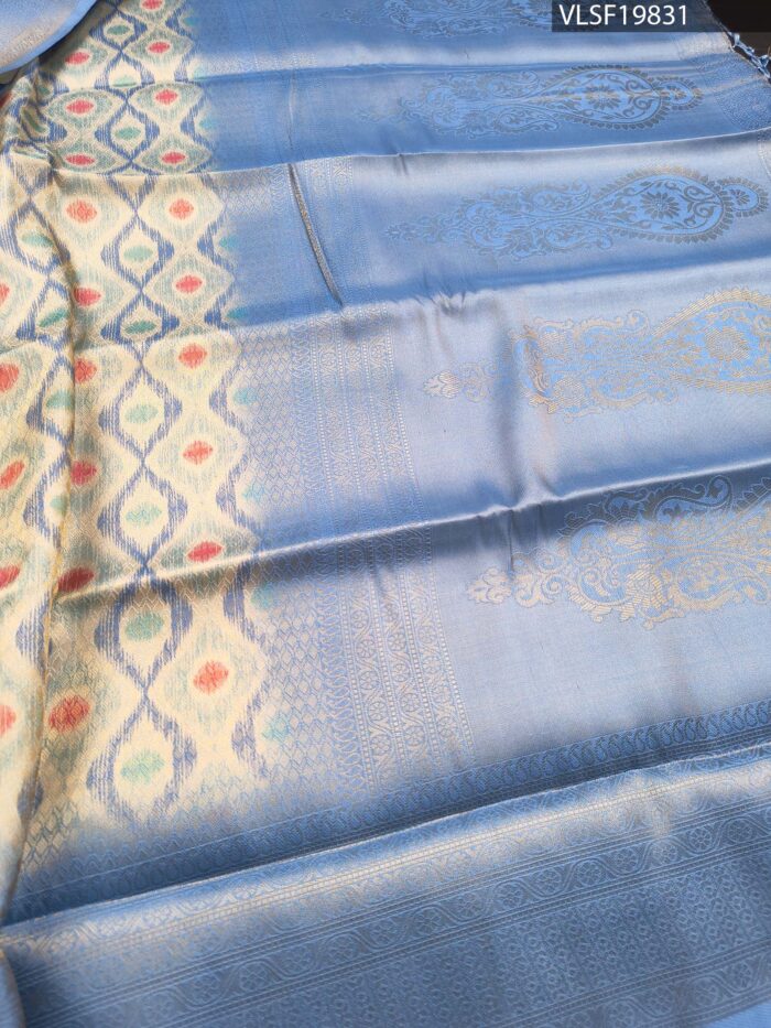 Sky Coloured Fancy Silk Saree with Ikat Motifs and Elegant Zari Border - Image 3