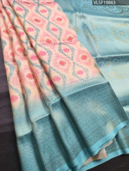Aqua and Peach Coloured Fancy Silk Saree with Ikat Motifs and Intricate Border