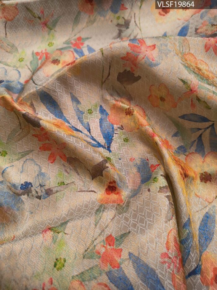 Elegant Beige and Sky Blue Fancy Silk Saree with Floral Motifs and Rich Pallu - Image 2