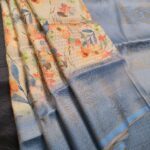 Elegant Beige and Sky Blue Fancy Silk Saree with Floral Motifs and Rich Pallu
