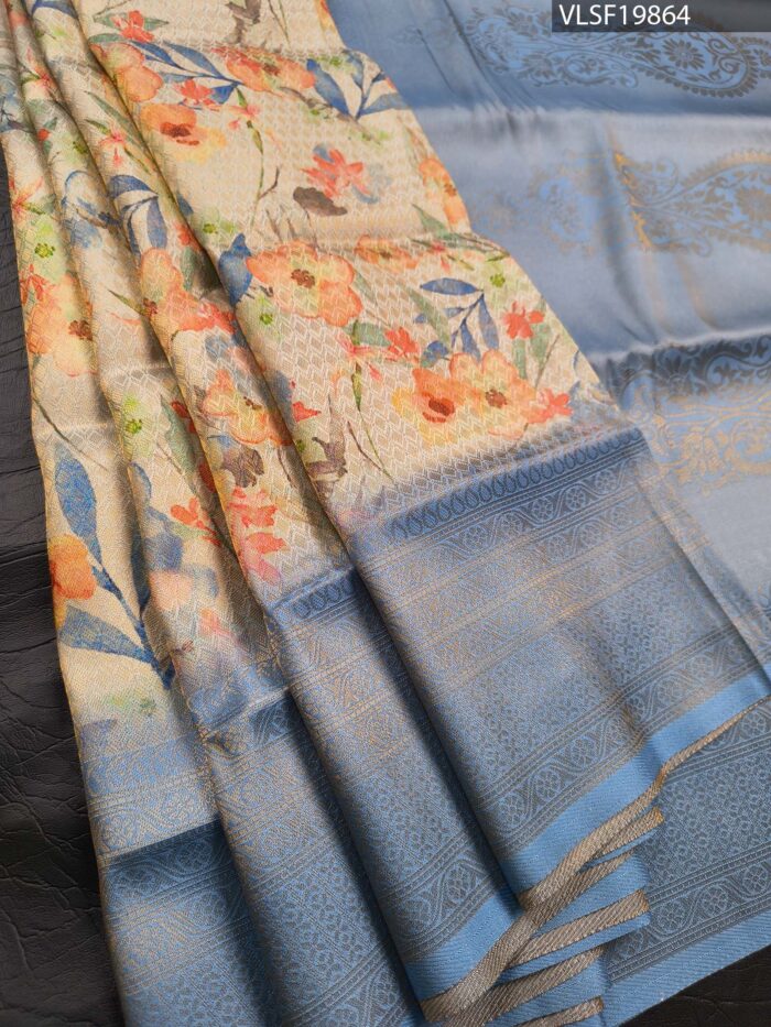 Elegant Beige and Sky Blue Fancy Silk Saree with Floral Motifs and Rich Pallu - Image 1