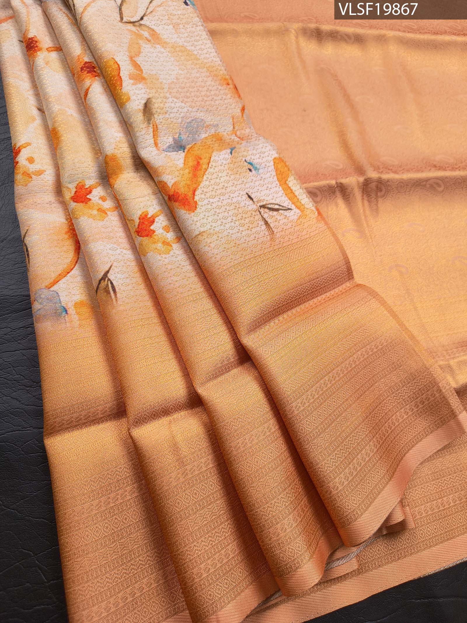 F19867_MAIN Peach Coloured Fancy Silk Saree with Floral Motifs and Elegant Border - Image 1