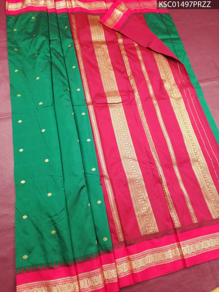 Green and Pink Blended Soft Silk Saree with Gold Butti Motifs and Rich Zari Pallu - Image 2