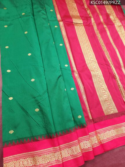 Green and Pink Blended Soft Silk Saree with Gold Butti Motifs and Rich Zari Pallu