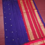 Royal Blue and Red Blended Soft Silk Saree with Gold Butti Motifs and Zari Woven Border