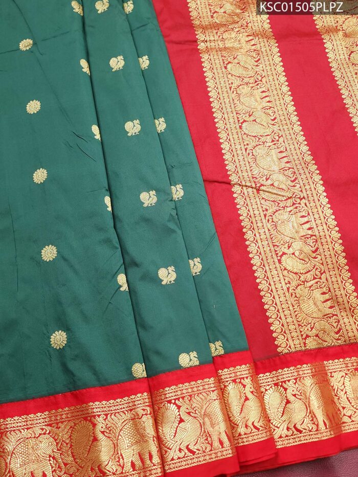 KSC01505_MAIN #PLPZ Dark Green Blended Soft Silk Saree with Intricate Motifs and Rich Zari Pallu - Image 1