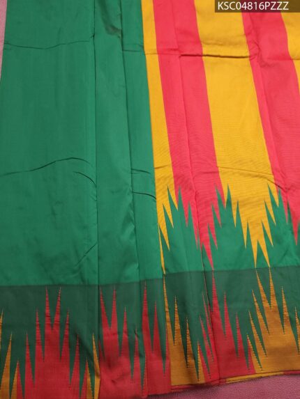 Green and Red Blended Soft Silk Saree with Vibrant Pallu and Temple Design Border
